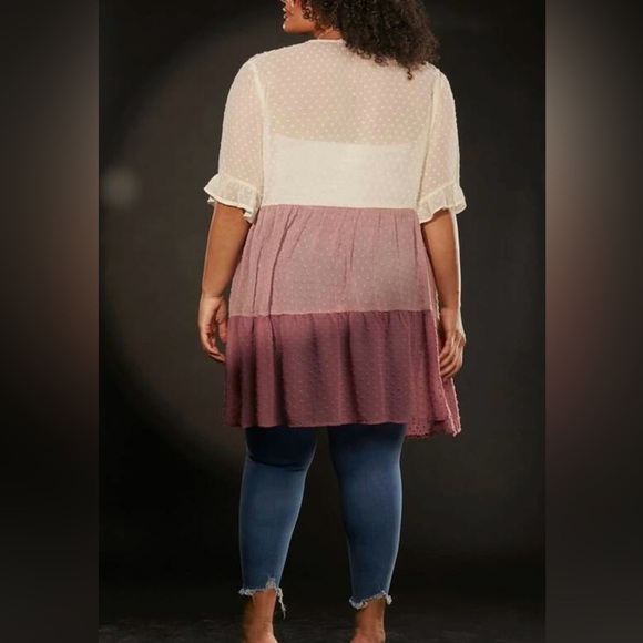 Emery Rose Sheer Pink and Cream Open Cardigan Textured Short Sleeves 2X - Picture 2 of 8